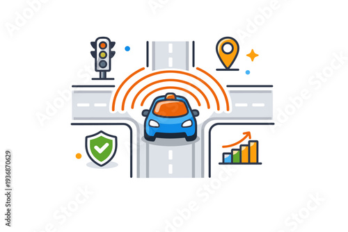 Smart city technology focused on intelligent mobility, shown as a simplified road grid with a single autonomous vehicle and signal waves. The visual metaphor