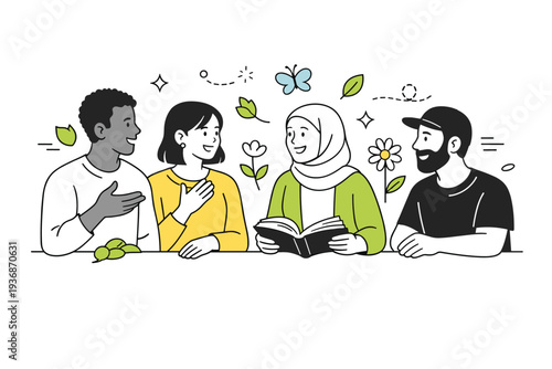 Cultural identity spring concept. A calm editorial scene with diverse people surrounded by subtle spring elements like leaves and flowers, expressing renewal