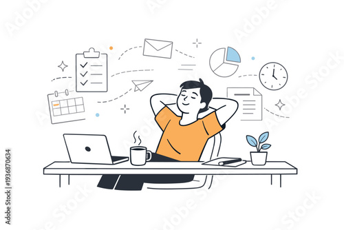 Rest as productivity. A relaxed person taking a break at a desk, leaning back while tasks fade into the background. Reframing rest as a healthy and valuable