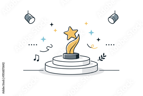 Award ceremony abstract scene. A simple illustration showing a stage, spotlight, and symbolic award shape, suggesting recognition and calm celebration. The