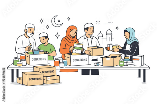 Ramadan community donation packing ? organizing donations together. A calm indoor scene with community members sorting food and essential items on tables,