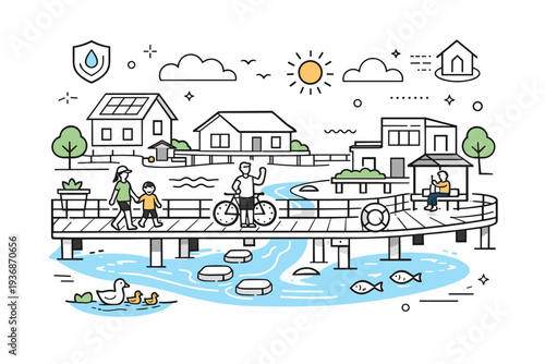Flood resilience. A neighborhood with raised walkways and water calmly flowing through designed channels. Controlled adaptation and safety shown without drama.