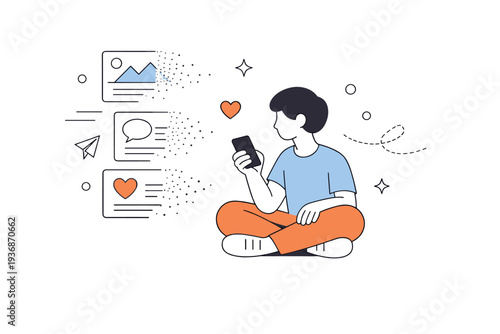 Ephemeral digital life. Individual scrolling through content that gently dissolves after being viewed. Short-lived attention and constant renewal of online