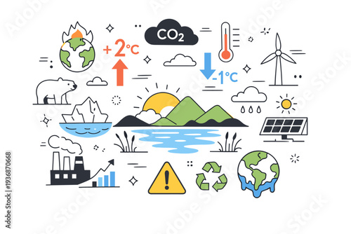 Climate change. Modern editorial illustration with abstract weather symbols, temperature arrows, and environmental icons arranged around a calm landscape. The