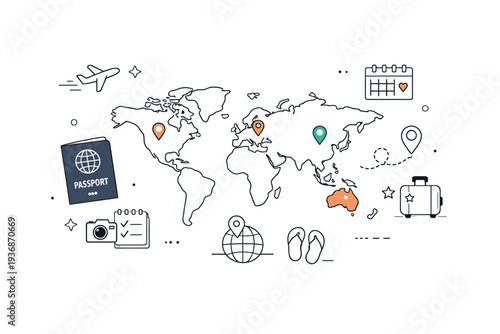 Minimal travel planning layout. A world map with highlighted destinations, a passport, and simple planning icons arranged with lots of space. The scene feels