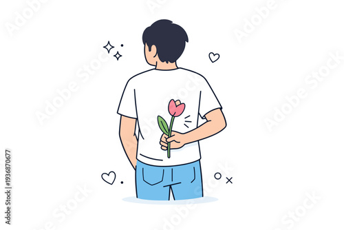 Single-flower gifting concepts. A person holding a single flower behind their back before giving it, posture relaxed. Gentle anticipation and