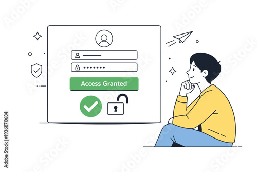 Access granted. A login screen with a checkmark and unlocked icon while a person calmly looks at the screen. Scene conveys confidence, success, and secure