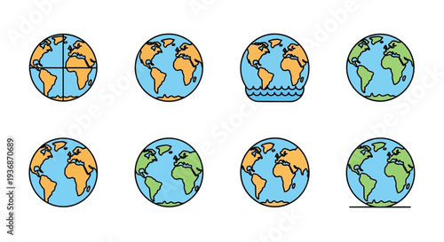Stylized graphic of earth globes showing landmasses and water features