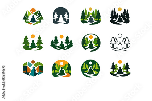 Person in a peaceful forest, reflecting in faith. Icon set. Set Logo of Person in a peaceful forest, reflecting in faith: forest path with meditating figure.