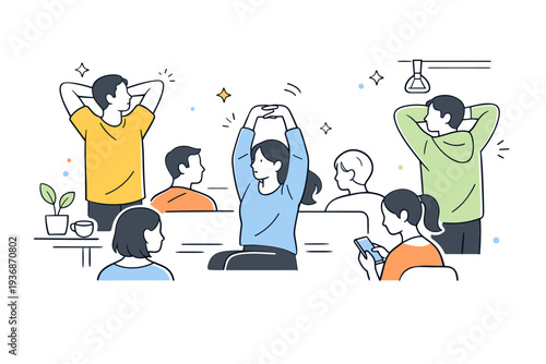 People stretching arms overhead in public spaces. Individuals raise their arms while standing or sitting among others, stretching discreetly without drawing