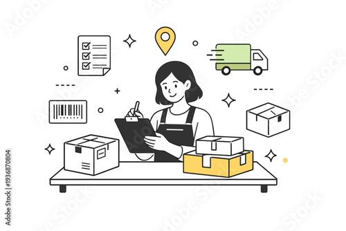 Product and order management. A business owner checking packages and order sheets, calmly organizing shipments for delivery. The scene conveys efficiency and