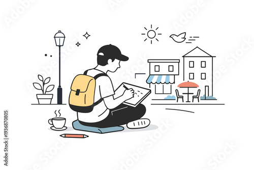 Urban outdoor sketching moment. An artist sketches while sitting near a quiet street or square, with buildings simplified in the background. The scene feels