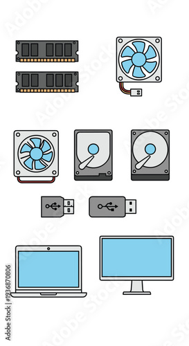 A structured grid displays ten essential computer hardware components, featuring RAM modules, cooling fans, internal hard drives, USB drives, a laptop, and a desktop monitor.