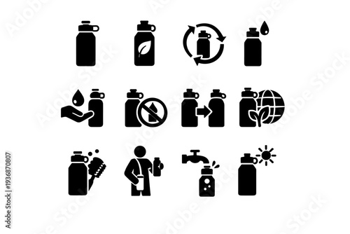 Reusable Bottle Use. Solid icon set of Reusable Bottle Use: reusable bottle, eco friendly bottle, bottle refill cycle, sustainable hydration, zero waste
