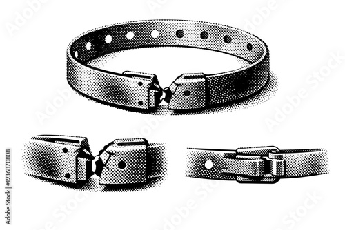 Broken hospital bracelet ? plastic hospital wristband shown closed circular form, cracked clasp detail, and side profile focusing on fastening structure. Black