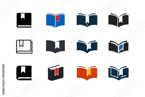 book. Icon set. Set Logo of book: book with bookmark. harmonious logo variations of the same emblematic concept, each with different artistic interpretation