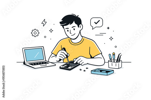 Fixing everyday technology. A person repairing a phone or laptop at a tidy desk, expressing confidence and practical skill. Calm editorial scene focused on