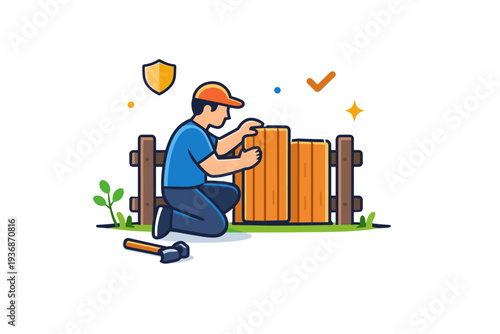 Building a fence a person carefully installing wooden panels in a simple outdoor setting, expressing protection, stability, and steady progress. A clear visual
