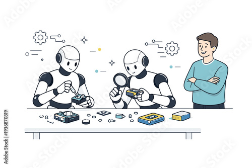 Collaborative robots in a workspace. Two humanoid robots assembling small gadgets on a clean table while a human oversees, subtle circuit and gear icons