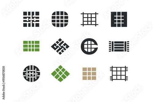 Mat. Icon set. Set Logo of Mat: tatami mat grid pattern. harmonious logo variations of the same emblematic concept, each with different artistic interpretation