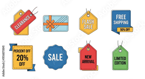 Colorful sale tags and promotional banners with discounts and offers