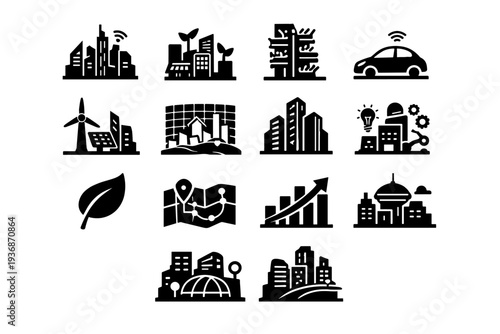 Future City Growth. Solid icon set of Future City Growth: smart city skyline, eco buildings, vertical gardens, autonomous transport, renewable energy towers,