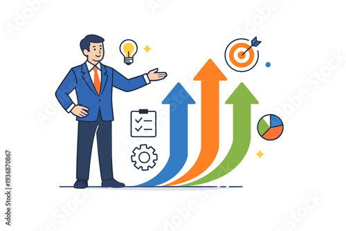 Flat vector business characters represented by a calm manager figure guiding upward arrows and small task icons, symbolizing leadership and strategic