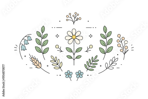 Herbarium aesthetic composition. Leaves, stems, and flowers arranged symmetrically with plenty of white space, calm poetic mood. Decorative balance between