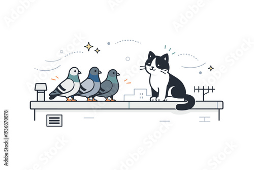 Rooftop wildlife interaction. Pigeons and a cat peacefully observing each other on an urban rooftop, abstract decorative dots and motion lines showing calm