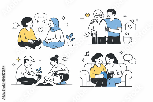 Resilient communities and care. People checking in on one another, offering support through conversation or shared activities. Gentle emotional tone