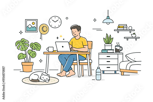 Living like a local. A digital nomad working from a simple apartment interior with plants and minimal decor. Quiet comfort and long-term stay