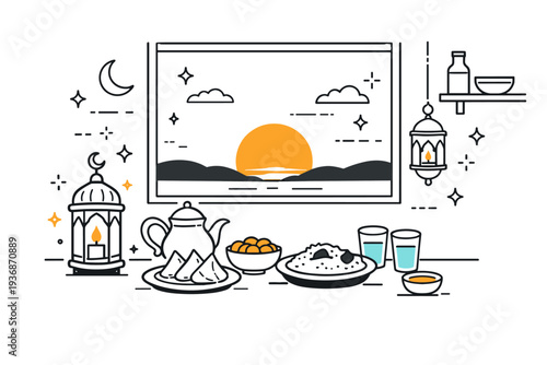 Sunset and iftar preparation. A window view of a setting sun with a silhouette of a kitchen in the foreground where food and lanterns are gently being placed.