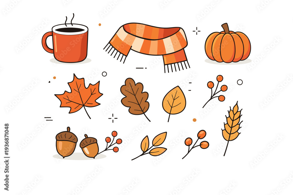 Naklejka premium Autumn objects collection. A balanced set of fall items like leaves, acorns, scarf, and mug, calm seasonal mood. Clean editorial pack with soft shapes and