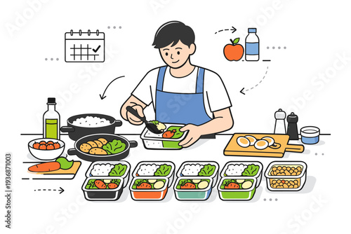 Weekly meal prep planning. Individual placing pre-portioned meals into containers with simple utensils and ingredients around, relaxed and structured