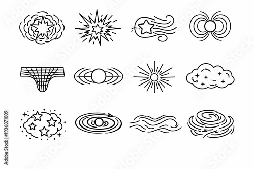Interstellar Phenomena. Line icon set of Interstellar Phenomena: supernova shockwave, cosmic ray burst, stellar wind, magnetic field lines, space