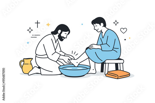 Maundy Thursday. Peaceful scene of two figures washing each other's feet in an atmosphere of humility and care. Editorial focus on service, tradition and quiet