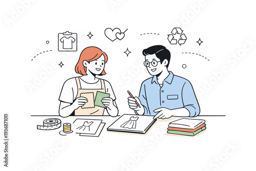 Ethical fashion production. Designers calmly discussing fabric samples and garment sketches at a clean workspace. The mood highlights transparency, care, and