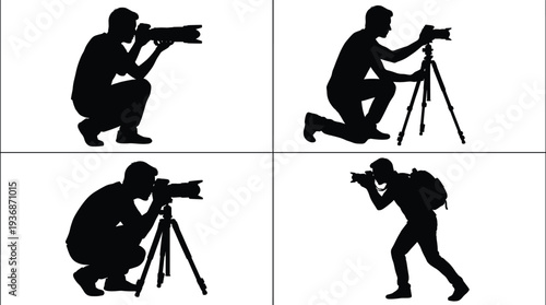 Professional photographer silhouettes set, man with camera shooting on tripod and handheld, creative photography concept isolated on white background