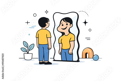 Reflections with people distorted. A person standing before a wavy mirror, reflection gently bending facial proportions. Playful surreal calm, everyday