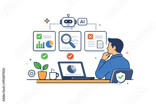 AI assisted decision making reflected in a professional workspace where a person reviews options highlighted by subtle AI cues, conveying trust, transparency