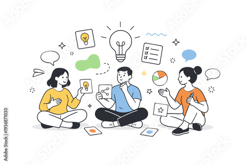 Ideation phase. A small team brainstorming with idea cards, lightbulb icons, and abstract shapes floating around. Scene conveys openness, creativity, and