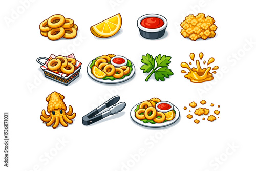 FriedCalamari. Colorful isometric vector icons set of fried calamari: fried calamari rings, lemon wedge, dipping sauce cup, crispy batter texture, calamari