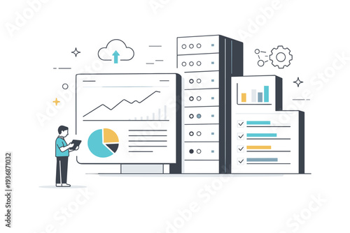 Human scale vs large systems. A single person interacting with a massive abstract system interface, small figure reviewing data on a tablet while large
