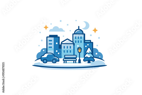 Winter urban calm portrayed through a simplified city silhouette softened by snow, highlighting peaceful streets and reduced motion during cold days.