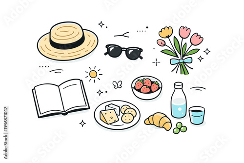 Spring picnic leisure objects flat lay. Sunglasses, book, hat, flowers, and light snacks arranged in an airy overhead scene. The illustration expresses slow