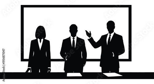 Silhouetted business professionals presenting or speaking in front of a large white screen high quality professional