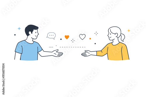 Rebuilding social connections step by step. A person reaching out with an open hand toward another person, leaving comfortable space between them. Symbolic