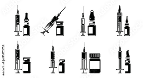 Collection of medical syringes vials and bottles in black and white