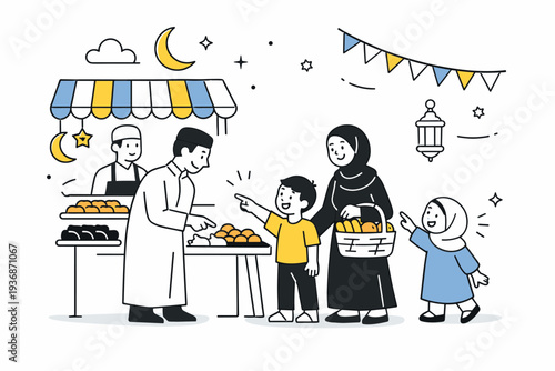 Ramadan market shopping at dusk. Family choosing food together, gentle interaction and shared focus, children pointing at stalls, soft decorative elements