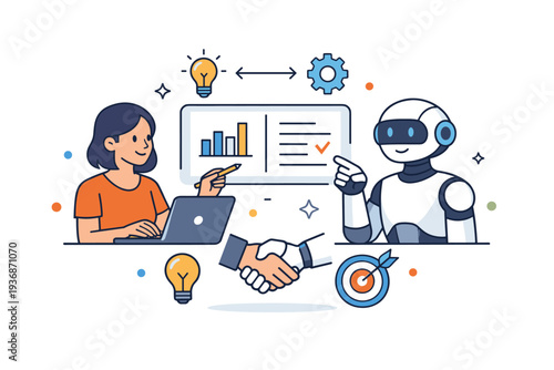 Future of work concept showing seamless cooperation between people and artificial intelligence in daily workflows. An optimistic visual story about